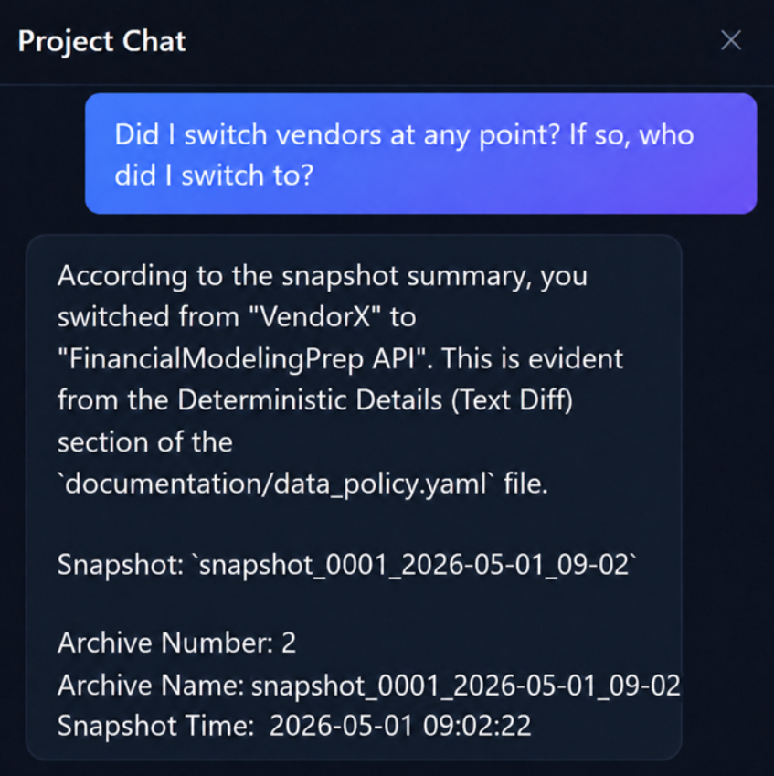 Local AI answering a question about recent project history.